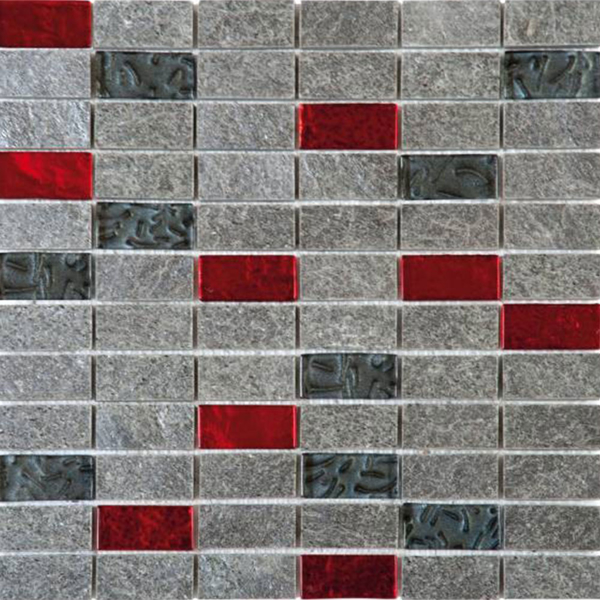 Picture of Bati Orient - Mix Mosaic 1 x 2 Silver Grey Natural Slate - Glass Red/Black