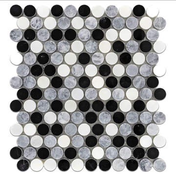 Picture of Elon Tile & Stone - 1 Rounds Mosaics Tri-Blend Pearl White Pacific Gray Black Polished