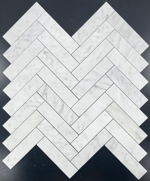 Picture of Elon Tile & Stone - Herringbone Mosaics 2 x 8 Bianco Carrara