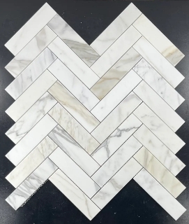 Picture of Elon Tile & Stone - Herringbone Mosaics 2 x 8 Calacatta Gold
