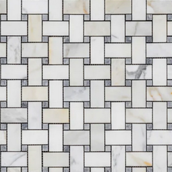 Picture of Elon Tile & Stone - Basketweave Mosaics Calacatta Pacific Gray Dot Honed