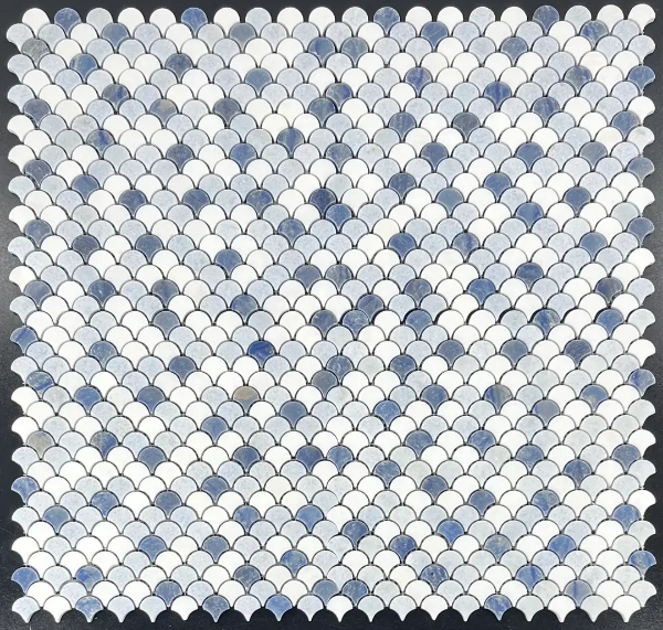 Picture of Elon Tile & Stone - Fan Mosaics White Thassos - Fan with Blue Celeste & Azul Macauba