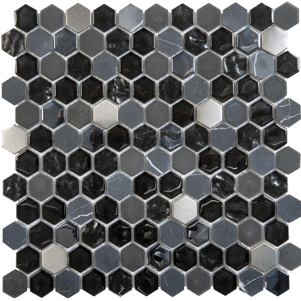 Picture of Bati Orient - Mix Mosaic Hexagon Black Marble/Black Glass/Steel