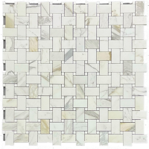 Picture of Elon Tile & Stone - Basketweave Mosaics Calacatta Gold XL 5/8 White Thassos Dot Honed