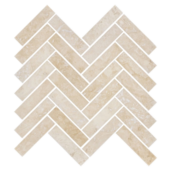 Picture of Elon Tile & Stone - Herringbone Mosaics 1 x 4 Cross-Cut Light Ivory Travertine Honed