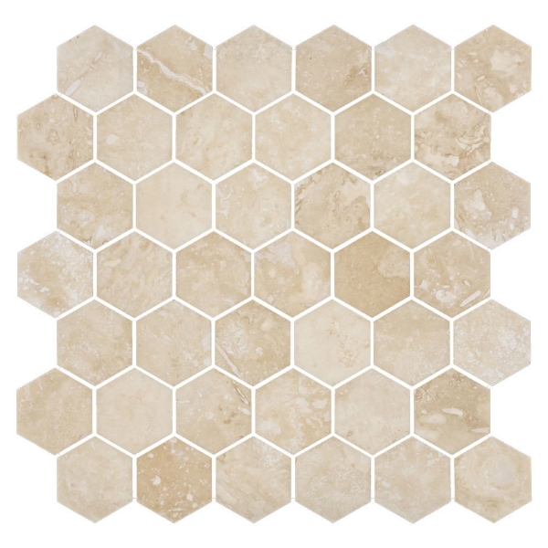 Picture of Elon Tile & Stone - Hexagon Mosaics 2 Cross-Cut Light Ivory Travertine Honed
