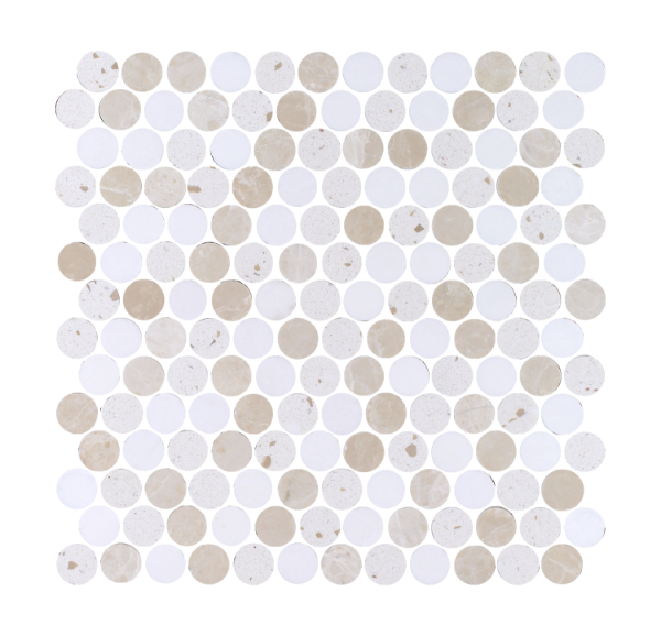 Picture of Tesoro - Venice Penny Round Mosaic Sand Thassos Carrara